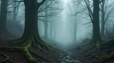 Dense Fog Surrounding Tall Tree Trunks In Woodland