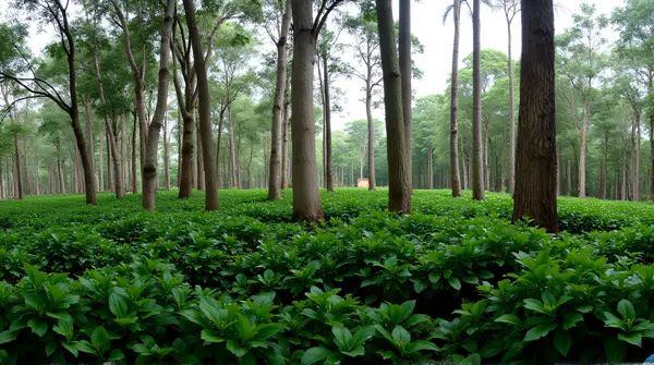 Panoramic view of dense foliage and towering tree trunks under a cloudy sky from a low perspective.