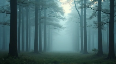Dense Forest Fog With Tall Tree Trunks