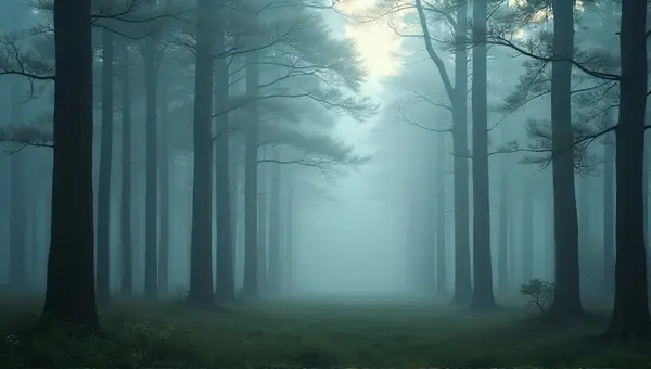 Dense Forest Fog With Tall Tree Trunks