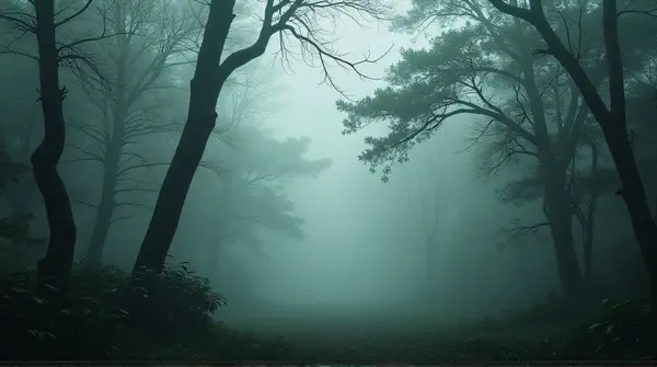 Dense foliage wrapped in thick vapor with intertwined branches under soft light in a quiet woodland area.