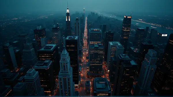 Dense Skyscrapers With Geometric Patterns At Dusk