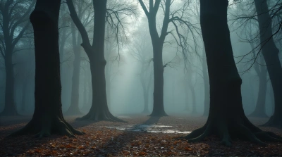 Dense Tree Trunks Through Soft Light Haze