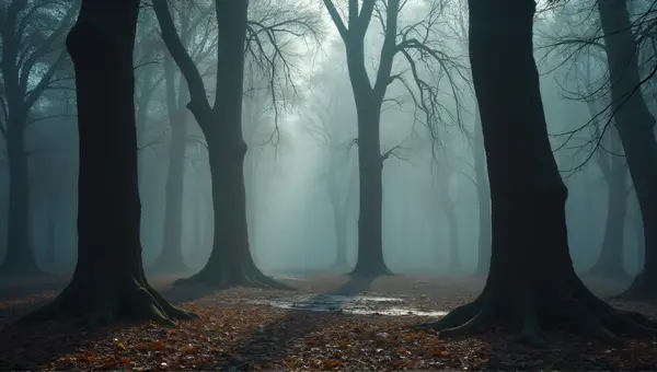 Dense Tree Trunks Through Soft Light Haze
