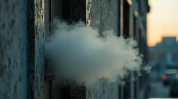 Dense Vapor Rising Through Narrow Glass Pane At Dusk