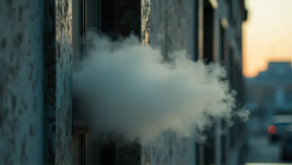Dense Vapor Rising Through Narrow Glass Pane At Dusk