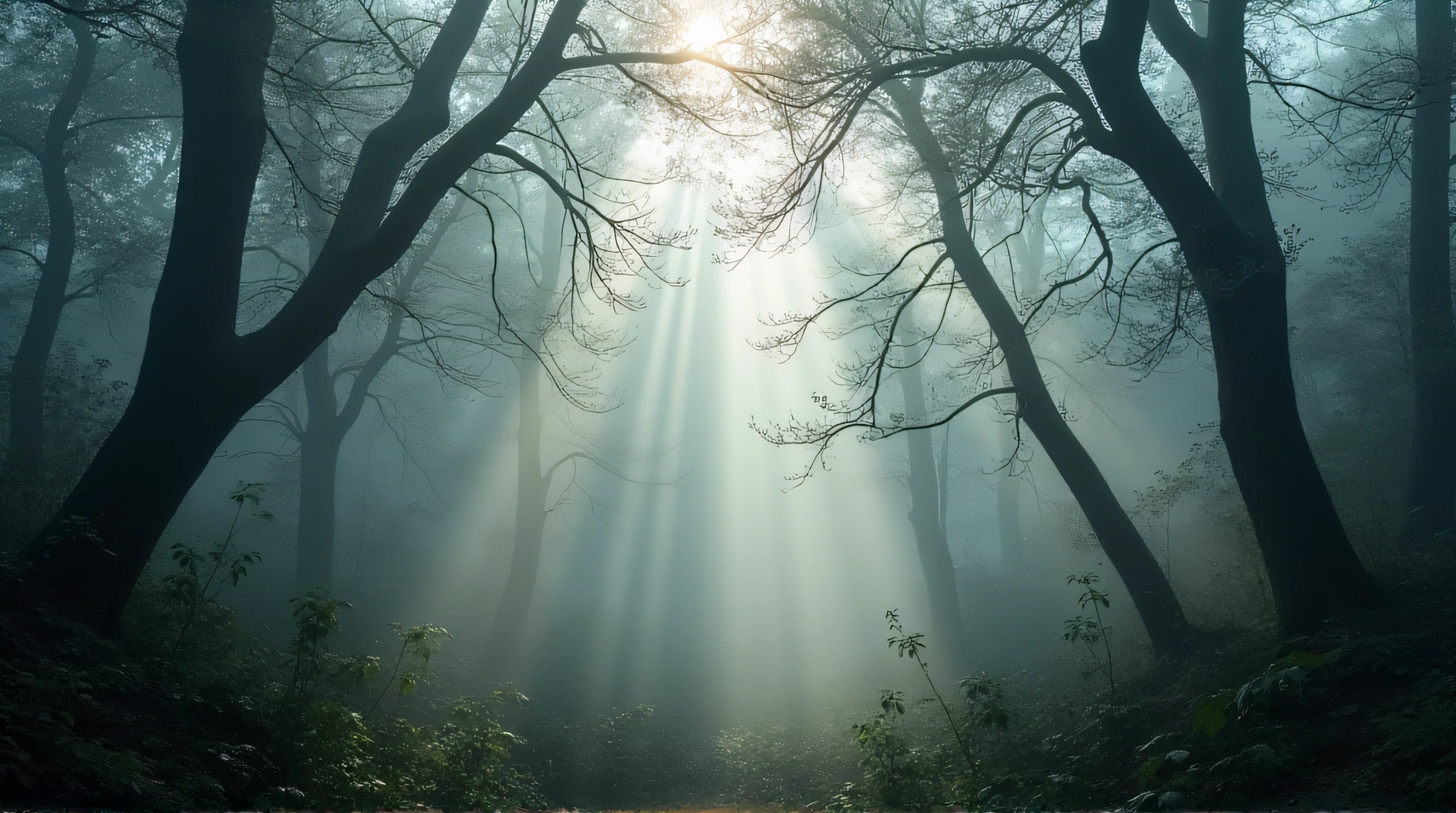 Dense Woodland Gray Haze Sunlight Rays