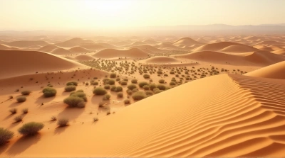 Desert Sand Dunes With Textured Ripples And Vegetation