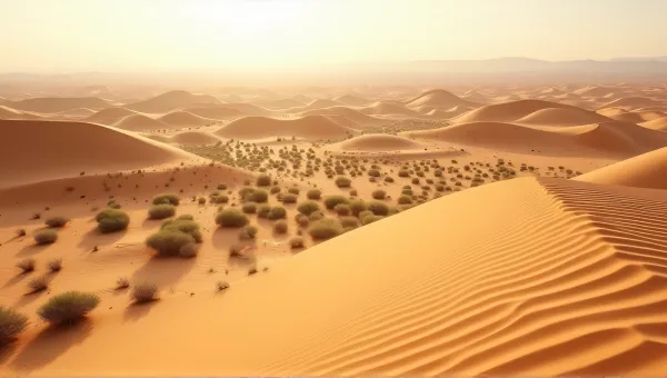 Desert Sand Dunes With Textured Ripples And Vegetation