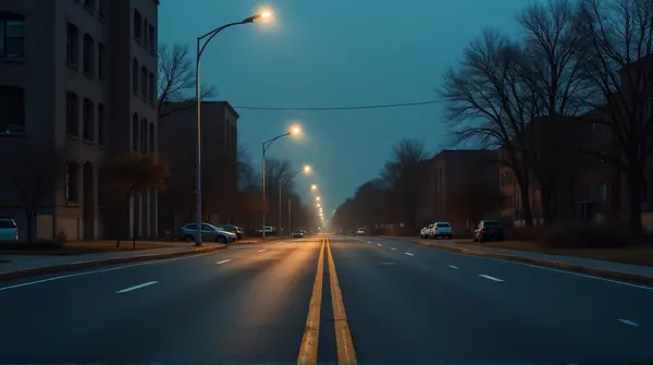 High-angle view of an empty asphalt street illuminated by sparse streetlights in an urban area at night.