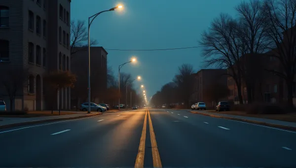 Deserted Urban Street At Night With Streetlights