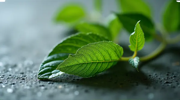 Close-up of a single leaf showing intricate patterns and shadows on a textured surface.