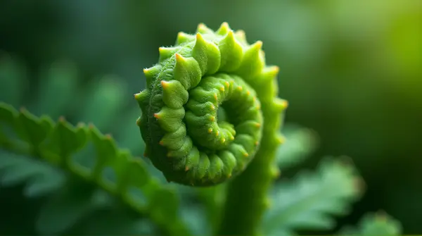 Macro closeup of a fern frond showing intricate curling patterns and fine veins.
