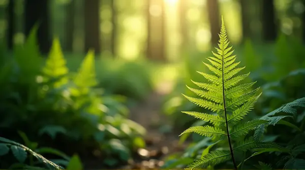 Sharp fern leaf lit by dappled sunlight against a blurred undergrowth background.