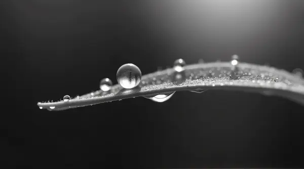 Dew Drops On Plant Blade In Soft Light