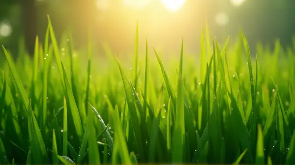 Close-up of dense foliage with dew droplets reflecting soft morning light