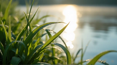 Dewy Grass Blades Near Shimmering Lake Texture