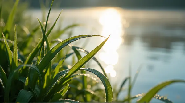 Close-up of dewy grass blades beside a shimmering lake with soft natural light highlighting texture