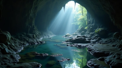 Dimly Lit Cavern With Reflective Liquid Surfaces
