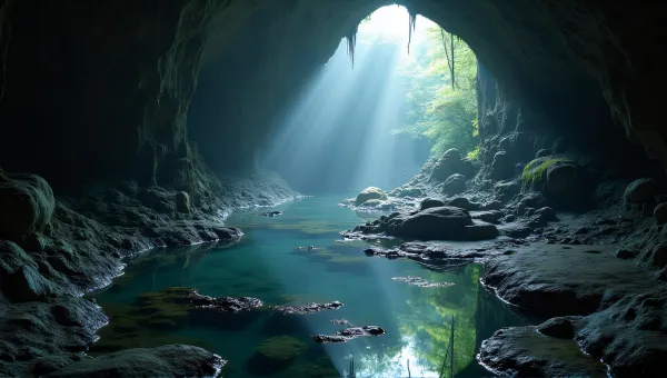 Dimly Lit Cavern With Reflective Liquid Surfaces