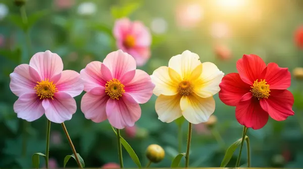 Four differently colored blossoms arranged diagonally with a softly blurred garden background