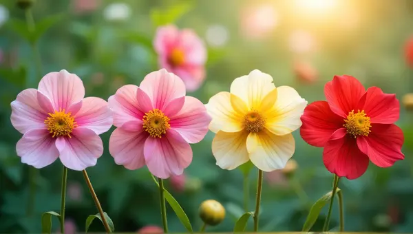 Diverse Blooms Cluster Against Soft Garden Backdrop