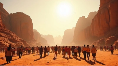 Diverse Crowd Gathering Near Rust Stone Structures