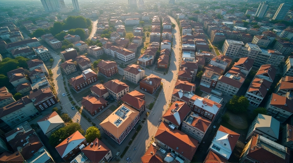 Overhead shot of diverse rooftops and intersecting streets under soft daylight showing geometric patterns and shadows.