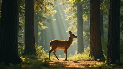 Doe Among Towering Trees And Leafy Green Foliage