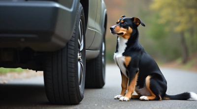 Dog By Car Tire On Pavement Low Angle View