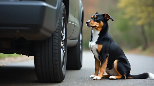 A dog attentively positioned beside a car tire on a paved surface from a low angle perspective.