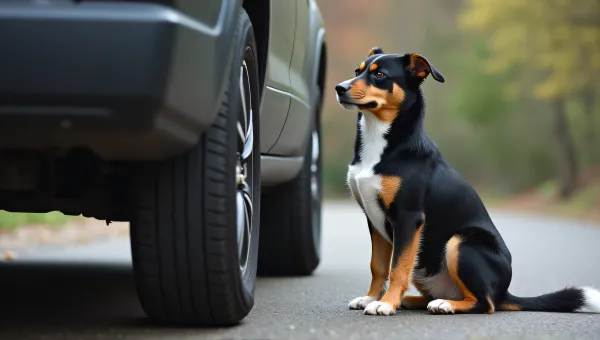 Dog By Car Tire On Pavement Low Angle View