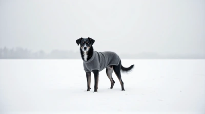 Dog In Knitted Sweater Alert In Snowy Landscape