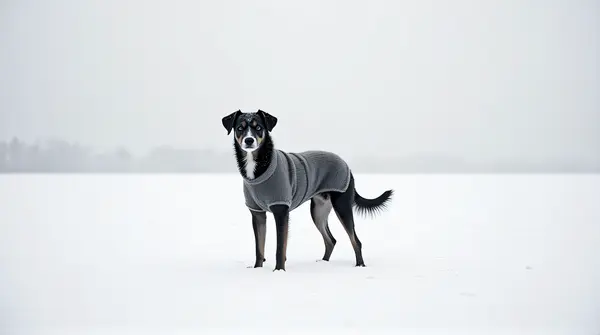 Monochrome dog wearing a textured knitted sweater standing alert in a snowy open landscape under soft light.