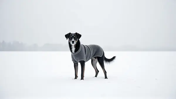 Dog In Knitted Sweater Alert In Snowy Landscape