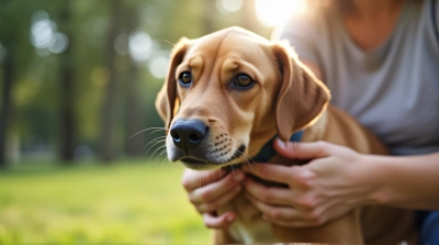 Dog Muzzle Held Gently Outdoors In Sunlight