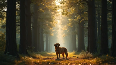 Dog Standing Surrounded By Tall Trees And Sunlight