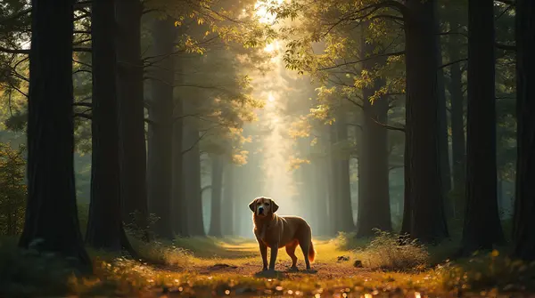 A dog stands centered with tall trees and sunlight filtering through dense leaves above.