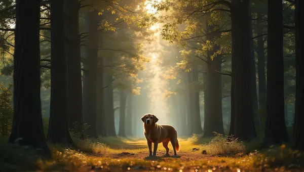 Dog Standing Surrounded By Tall Trees And Sunlight