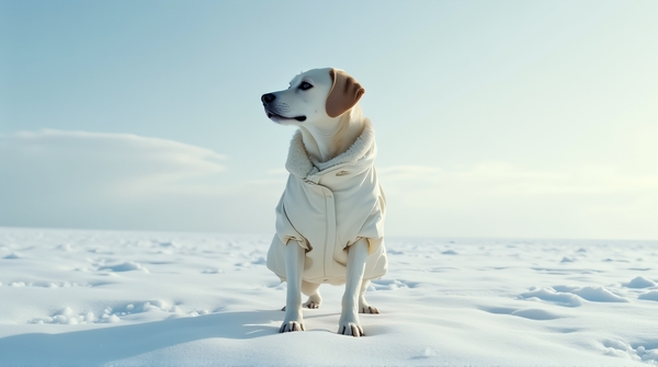 A dog dressed in a long pale coat standing on an icy surface with soft shadows and diffuse daylight