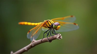 Dragonfly Perched On Twig With Intricate Wing Patterns