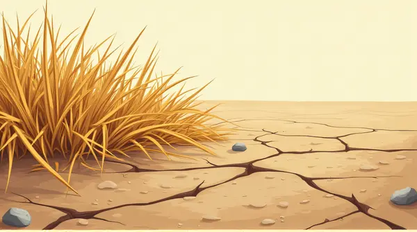 Dried yellowed grass blades sprawled over cracked earth with scattered small stones