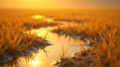 Dried Grass Field Near Shimmering Water Surface