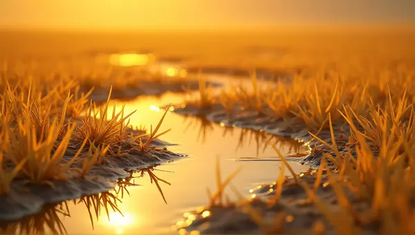 Dried Grass Field Near Shimmering Water Surface