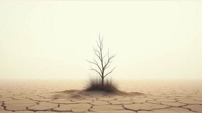 Dry Soil Cracked Ground With Lifeless Shrub