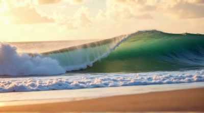 Dynamic Sea Wave Curling Toward Sandy Beach