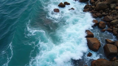 Dynamic Water Currents Crashing Against Rocky Coastline