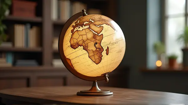 Spherical earth globe in muted cream tones on elegant stand in a softly lit study corner