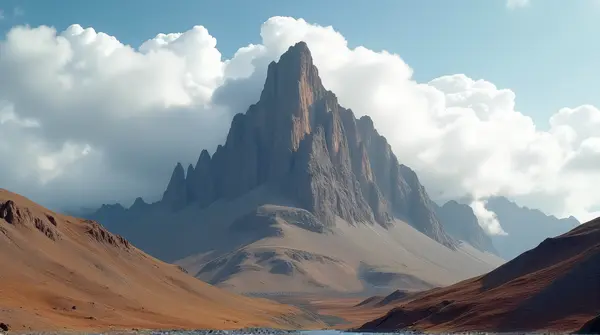 Rugged earth-toned peak rising sharply with textured slopes beneath scattered white cumulus clouds in a wide-angle view.