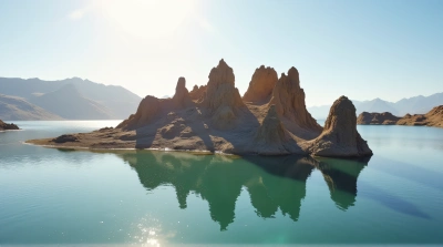 Earthen Mounds Reflecting On Quiet Lake Surface
